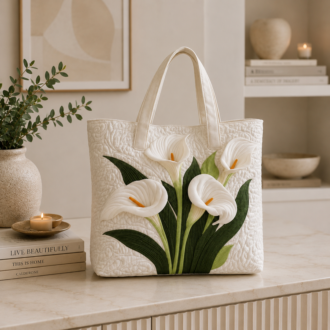 Quilted Tote Bag - White Calla Lilies