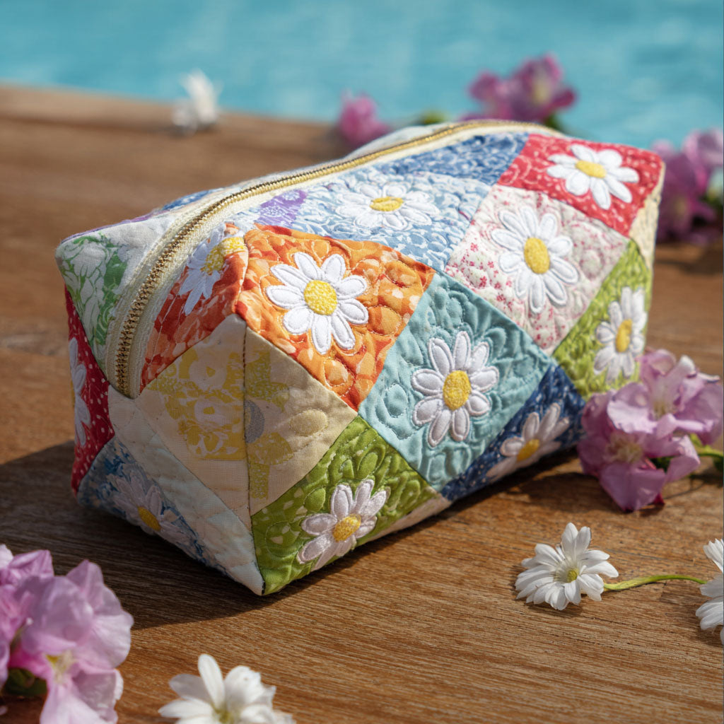 Camila - Quilted Toiletry Bag - Embroidered Flower Pattern
