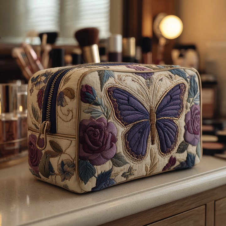 Camille - Quilted Toiletry Bag - Embroidered Butterflies and Flowers