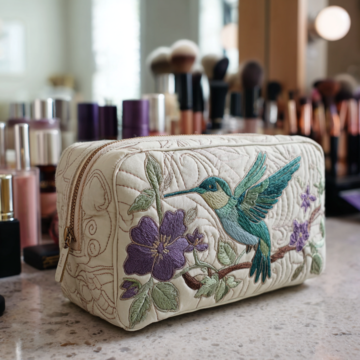 Cordelia - Quilted Toiletry Bag - Hummingbirds and Flowers