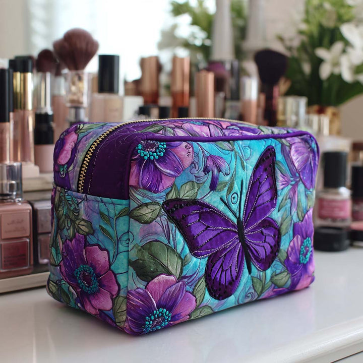 Eunice - Quilted Toiletry Bag - Embroidered Butterflies and Flowers