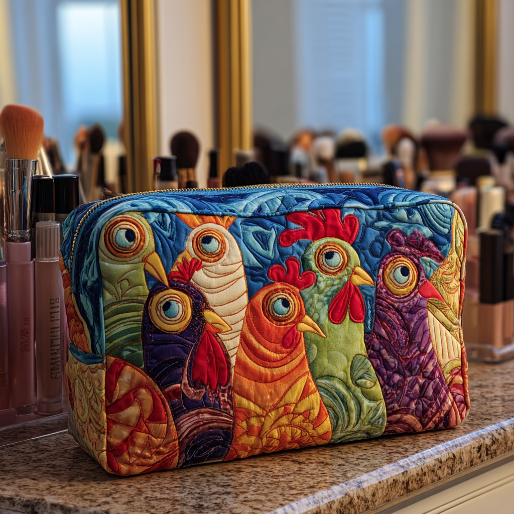 Isla - Quilted Toiletry Bag - Embroidered Chickens in Garden