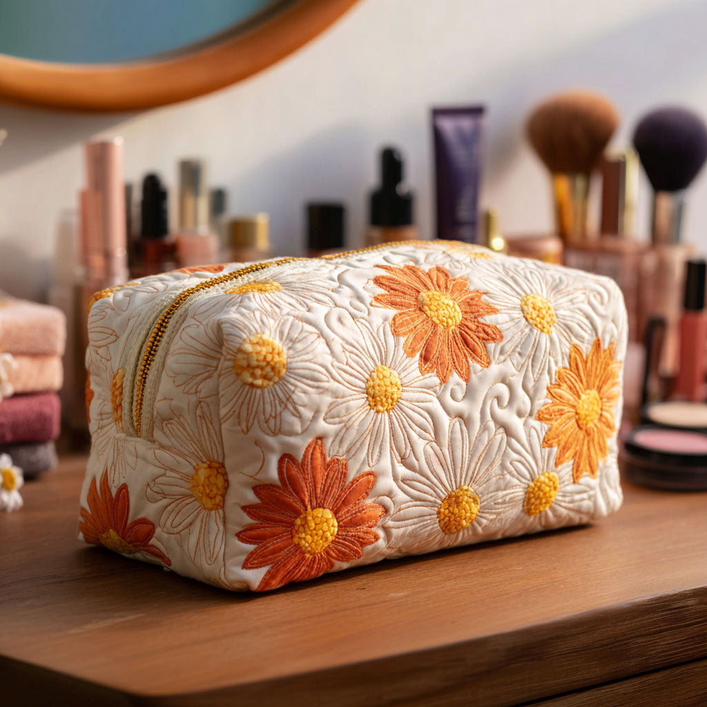 Jenna - Quilted Toiletry Bag - Embroidered Floral Design