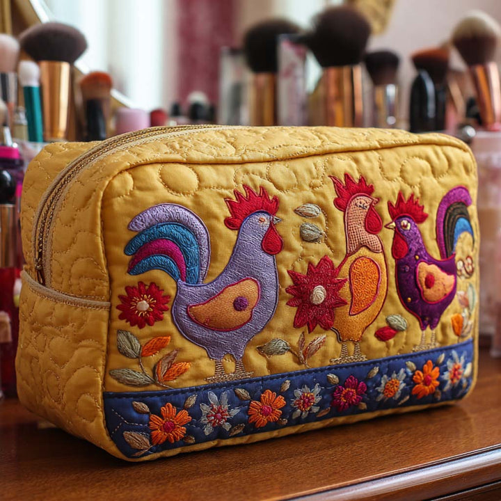 Journey - Quilted Toiletry Bag - Embroidered Chickens in Garden