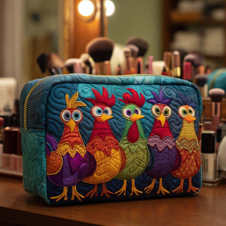 Kaylee - Quilted Toiletry Bag - Chicken and Hearts Pattern