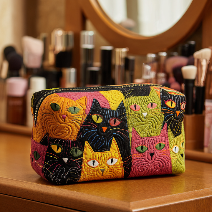 Louisa - Quilted Toiletry Bag - Cat Pattern in Garden