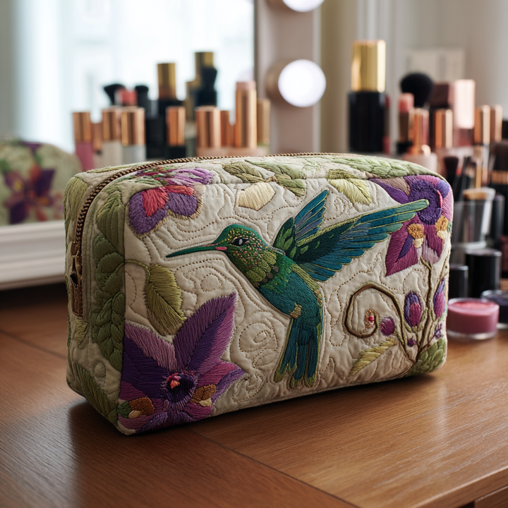 Mabel - Quilted Toiletry Bag - Embroidered Hummingbird Garden