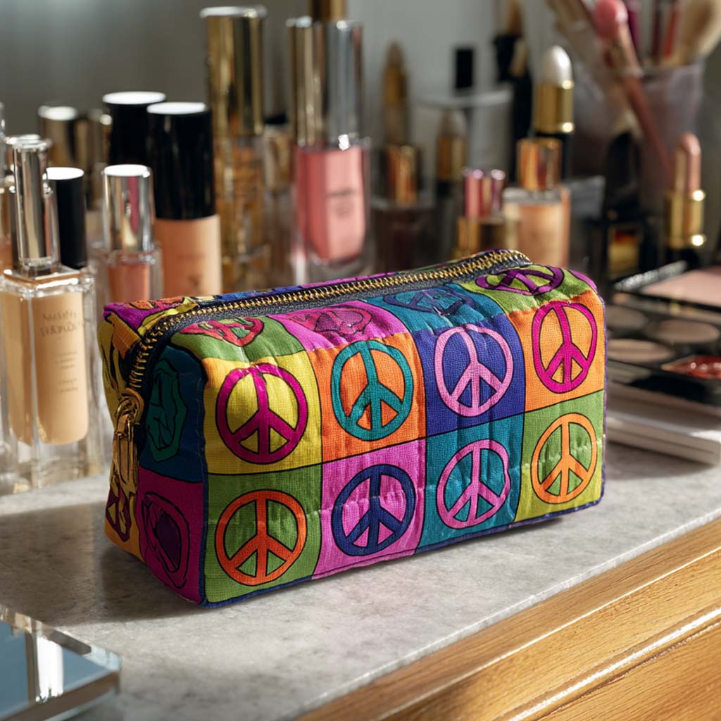 Marissa - Quilted Toiletry Bag - Retro Peace Symbol