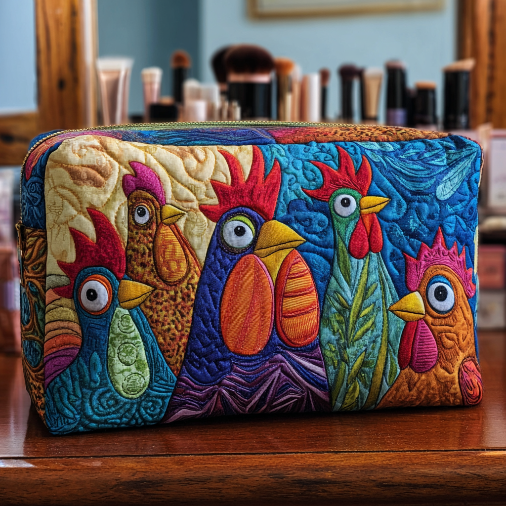 Molly - Quilted Toiletry Bag - Chickens and Flowers