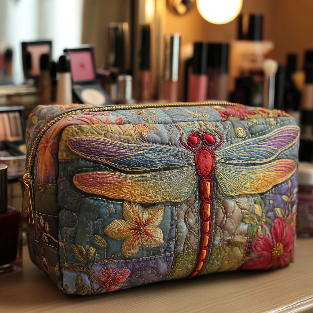 Natalie - Quilted Toiletry Bag - Dragonflies in Grass