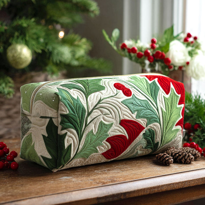 Pearl - Quilted Toiletry Bag - Embroidered Holly Motif
