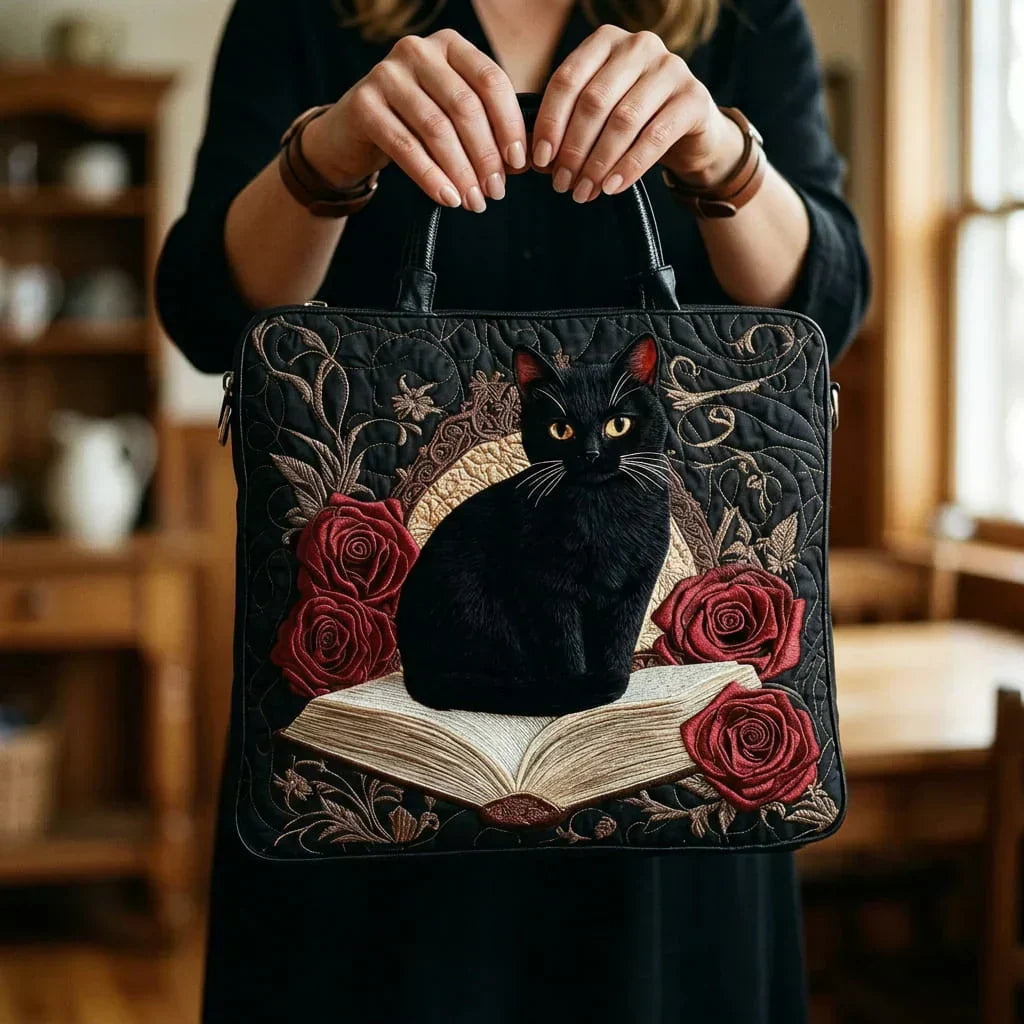 Quilted Tote Bag - Black Cat and Red Roses