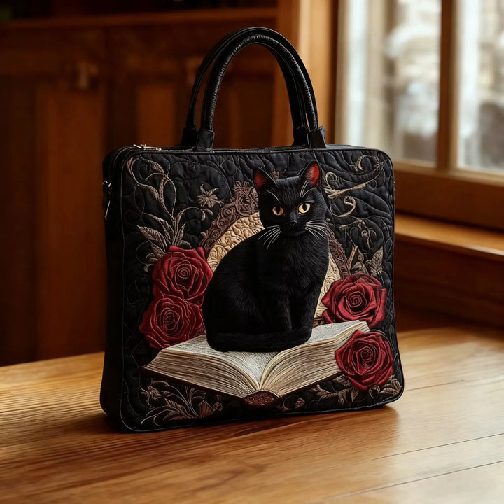 Quilted Tote Bag - Black Cat and Red Roses