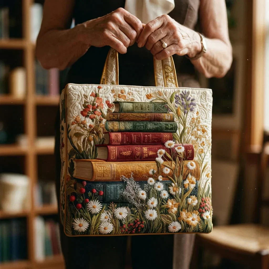 Quilted Tote Bag - Books and Daisies