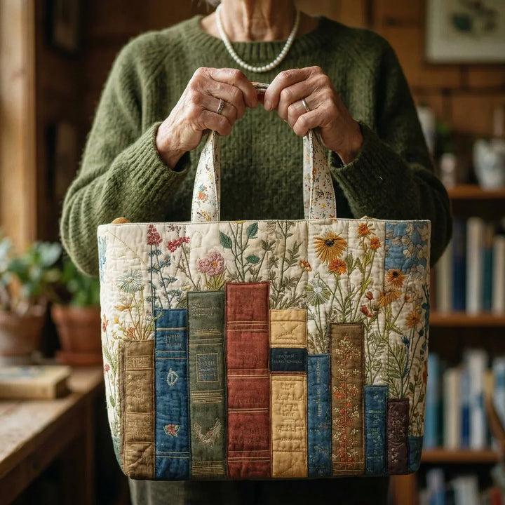 Quilted Tote Bag - Books and Wildflowers