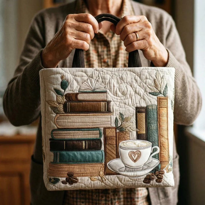 Quilted Tote Bag - Coffee and Books