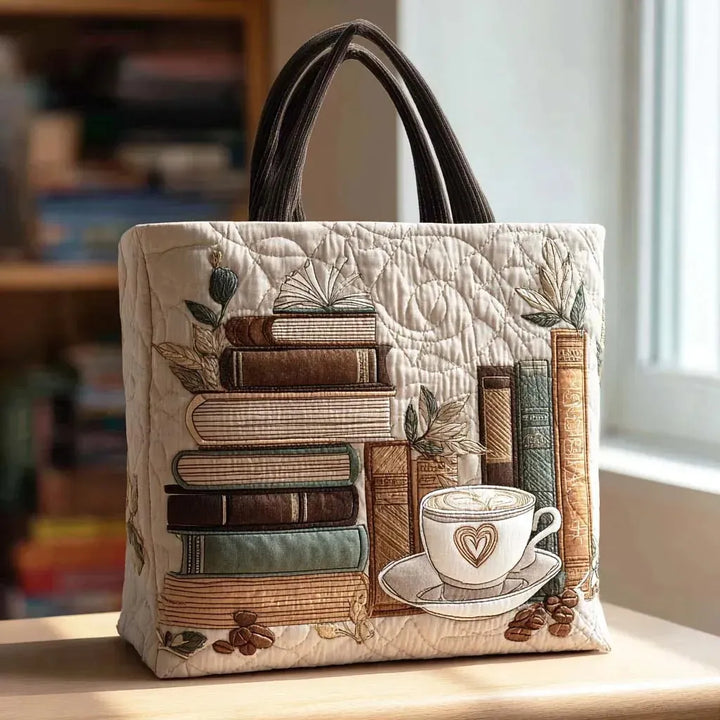 Quilted Tote Bag - Coffee and Books