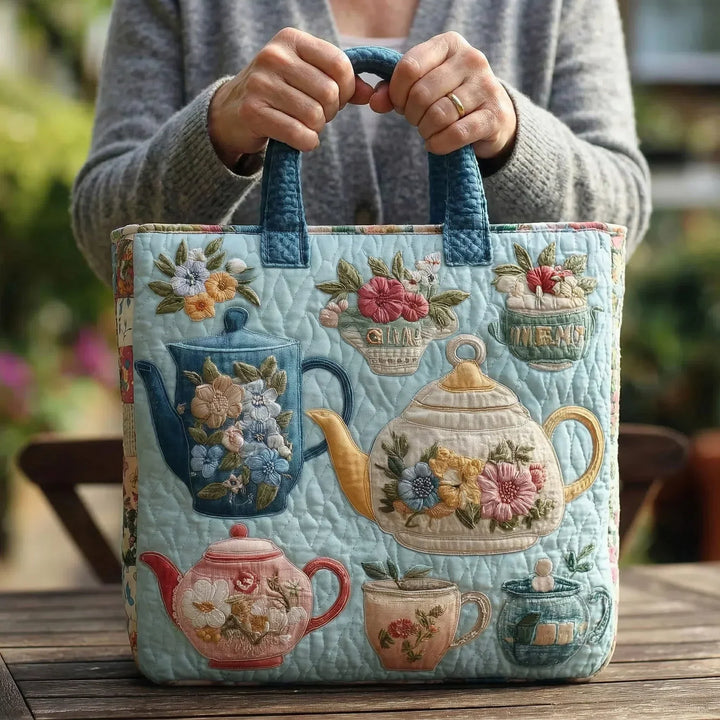 Quilted Tote Bag - Floral Tea Set