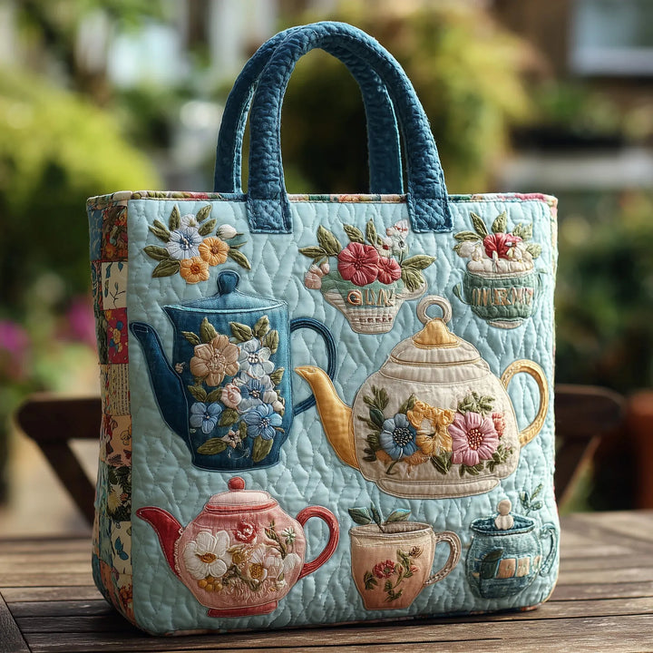 Quilted Tote Bag - Floral Tea Set