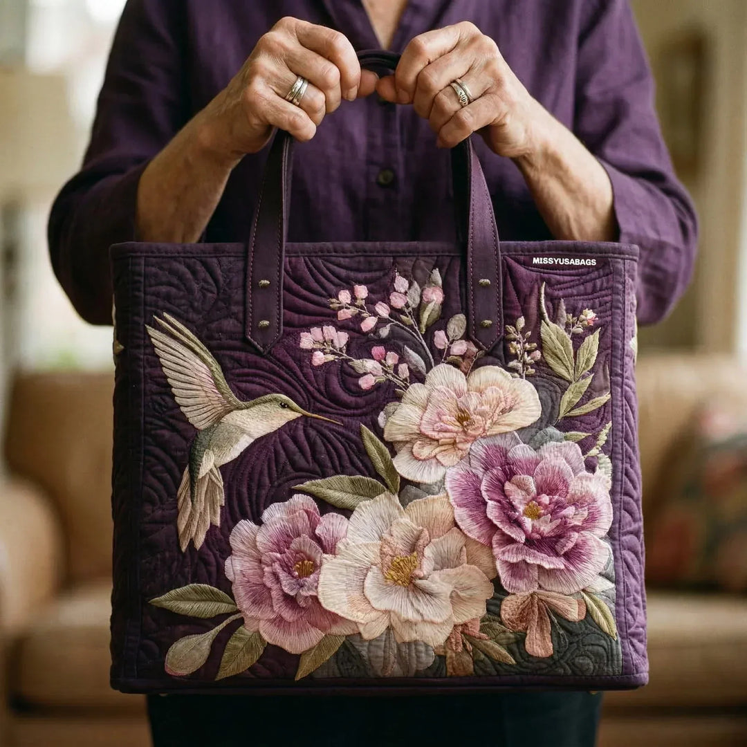 Quilted Tote Bag - Hummingbird and Pink Blooms