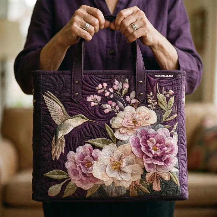 Quilted Tote Bag - Hummingbird and Pink Blooms