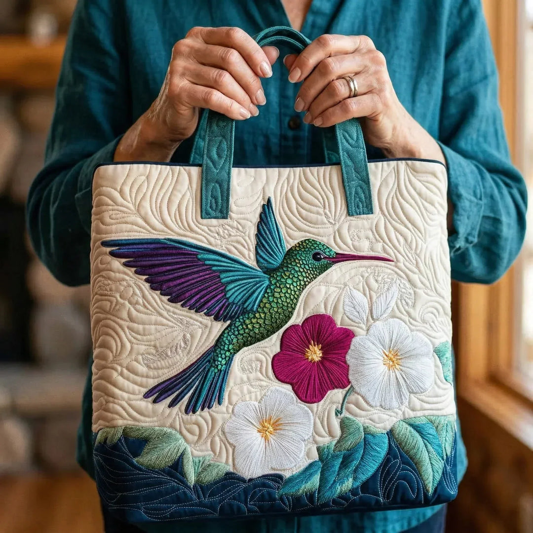 Quilted Tote Bag - Hummingbird and White Flowers