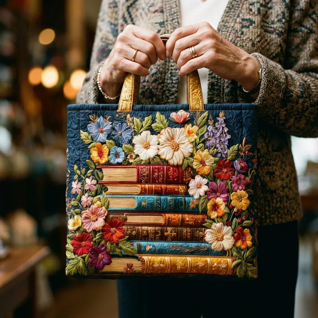 Quilted Tote Bag - Library in Bloom