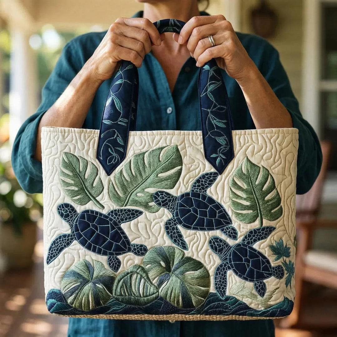 Quilted Tote Bag - Sea Turtles and Palms