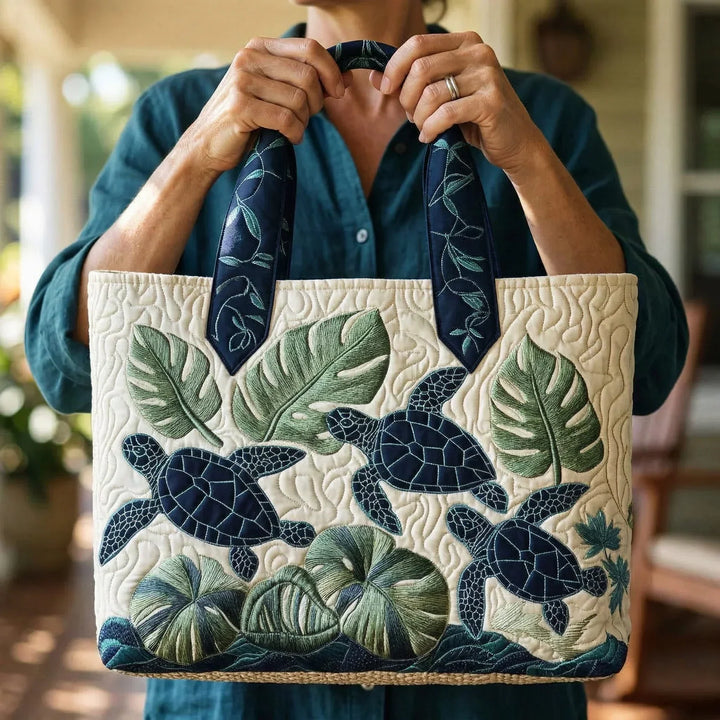 Quilted Tote Bag - Sea Turtles and Palms