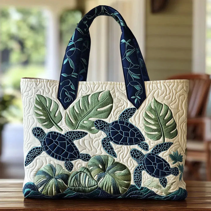 Quilted Tote Bag - Sea Turtles and Palms