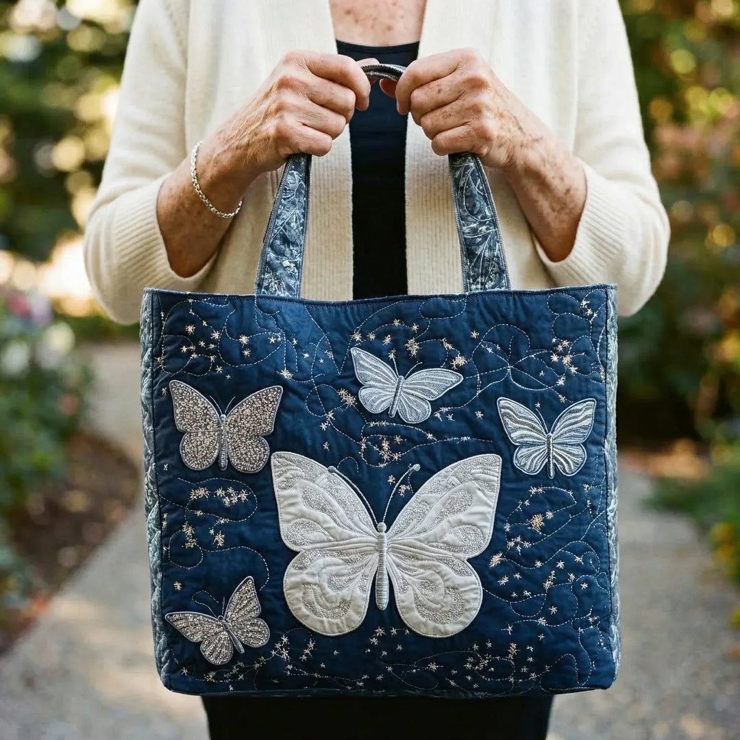 Quilted Tote Bag - Silver Butterflies