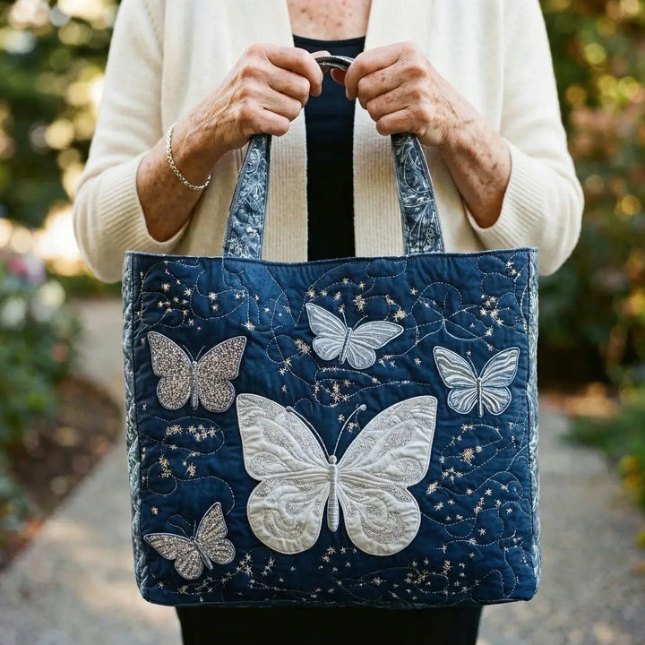 Quilted Tote Bag - Silver Butterflies