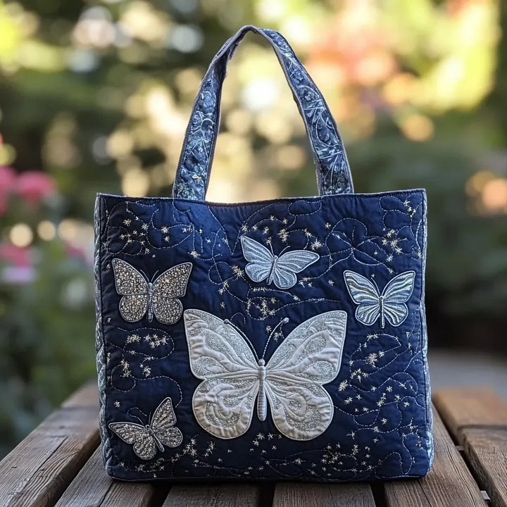 Quilted Tote Bag - Silver Butterflies