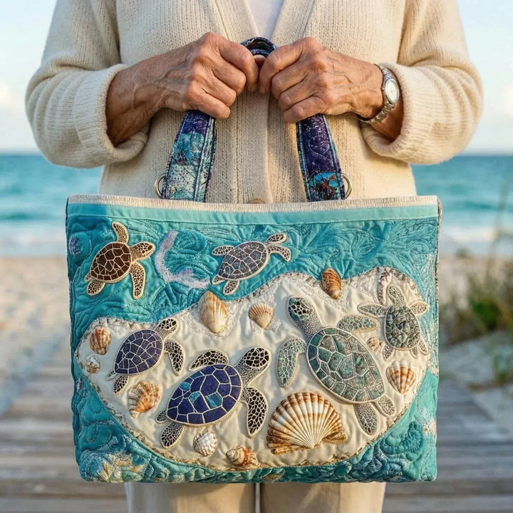 Quilted Tote Bag - Turtles and Seashells