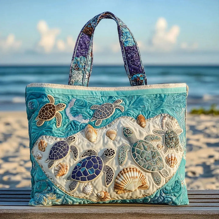Quilted Tote Bag - Turtles and Seashells