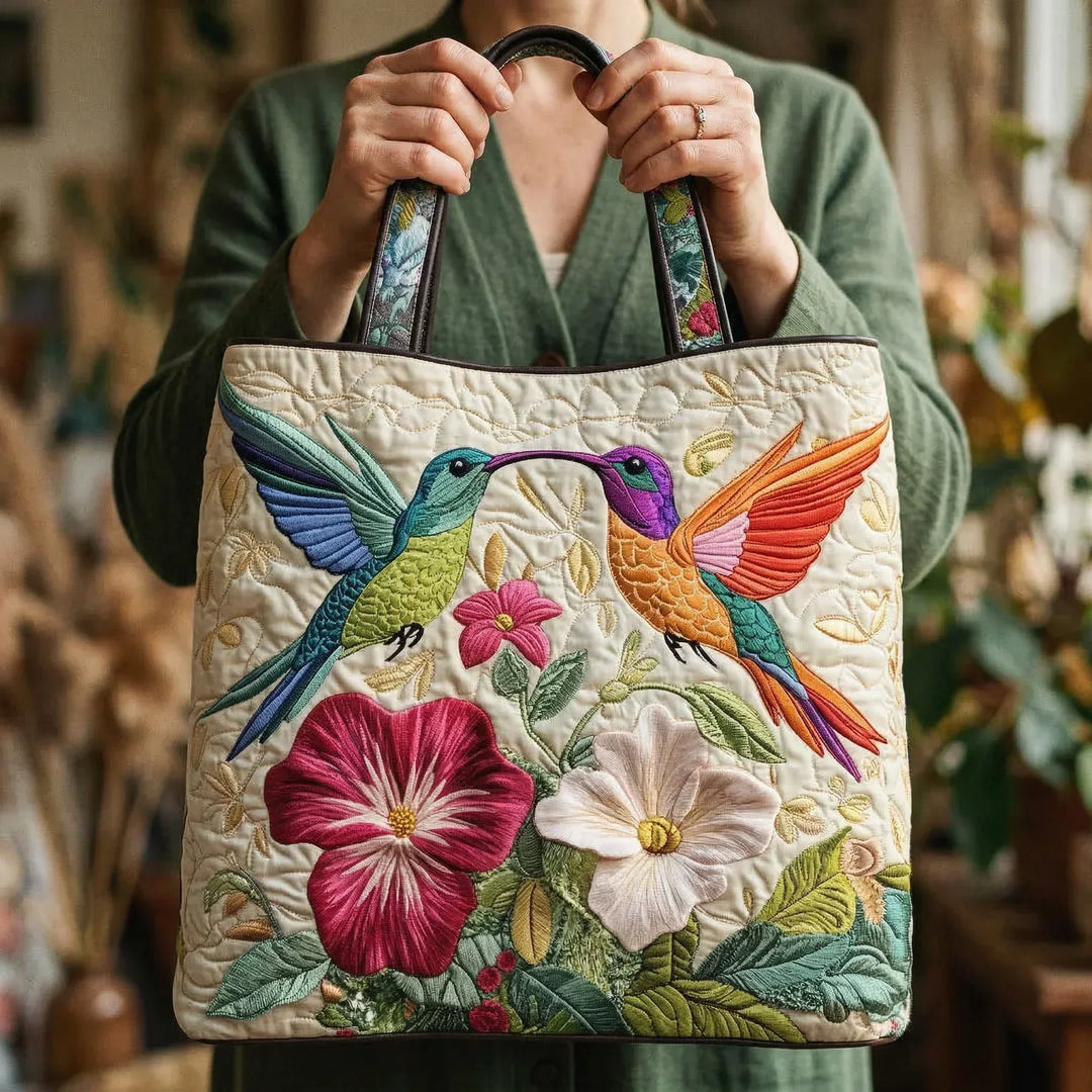 Quilted Tote Bag - Two Hummingbirds in Flight