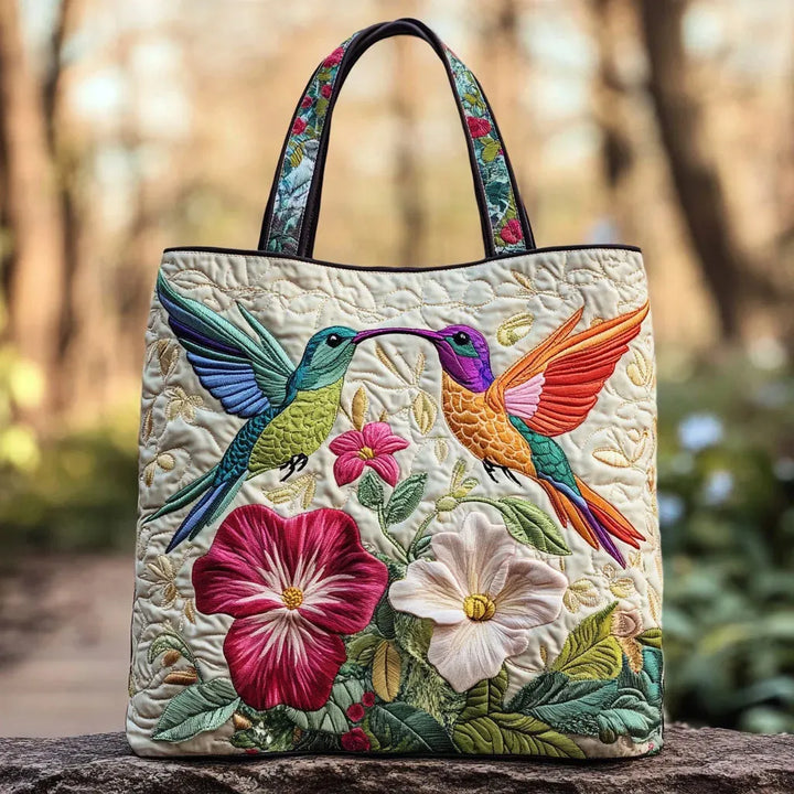 Quilted Tote Bag - Two Hummingbirds in Flight