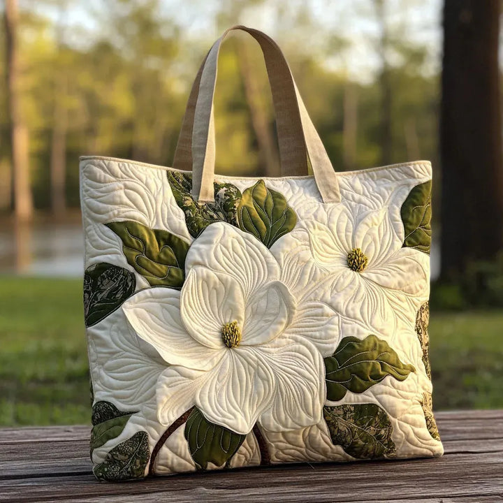 Quilted Tote Bag - White Blossoms