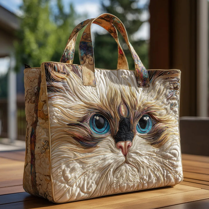 Quilted Tote Bag - White Cat with Blue Eyes