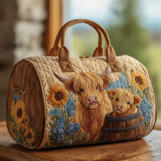 Quilted Travel Bag - Highland Cows with Sunflowers
