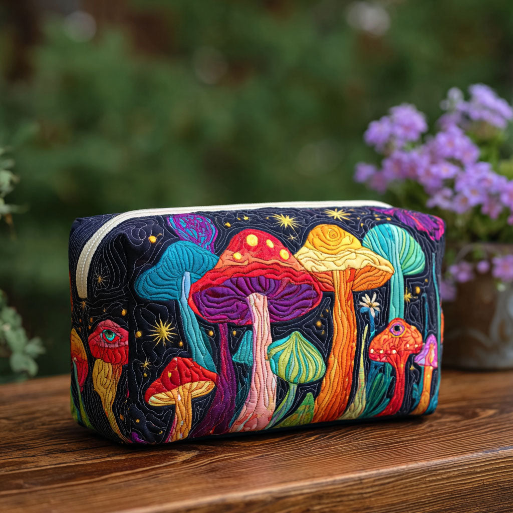 Rita - Quilted Toiletry Bag - Retro Mushrooms