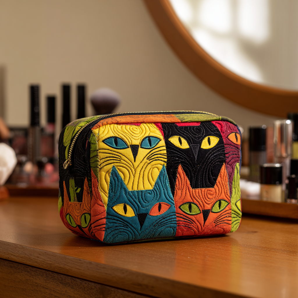 Sallie - Quilted Toiletry Bag - Embroidered Magical Cat