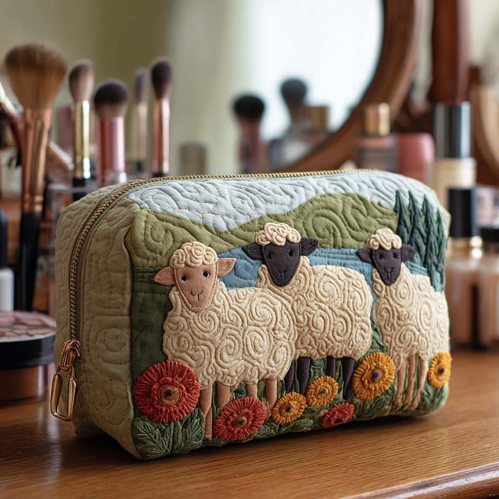 Savannah - Quilted Toiletry Bag - Embroidered Sheep in Meadow