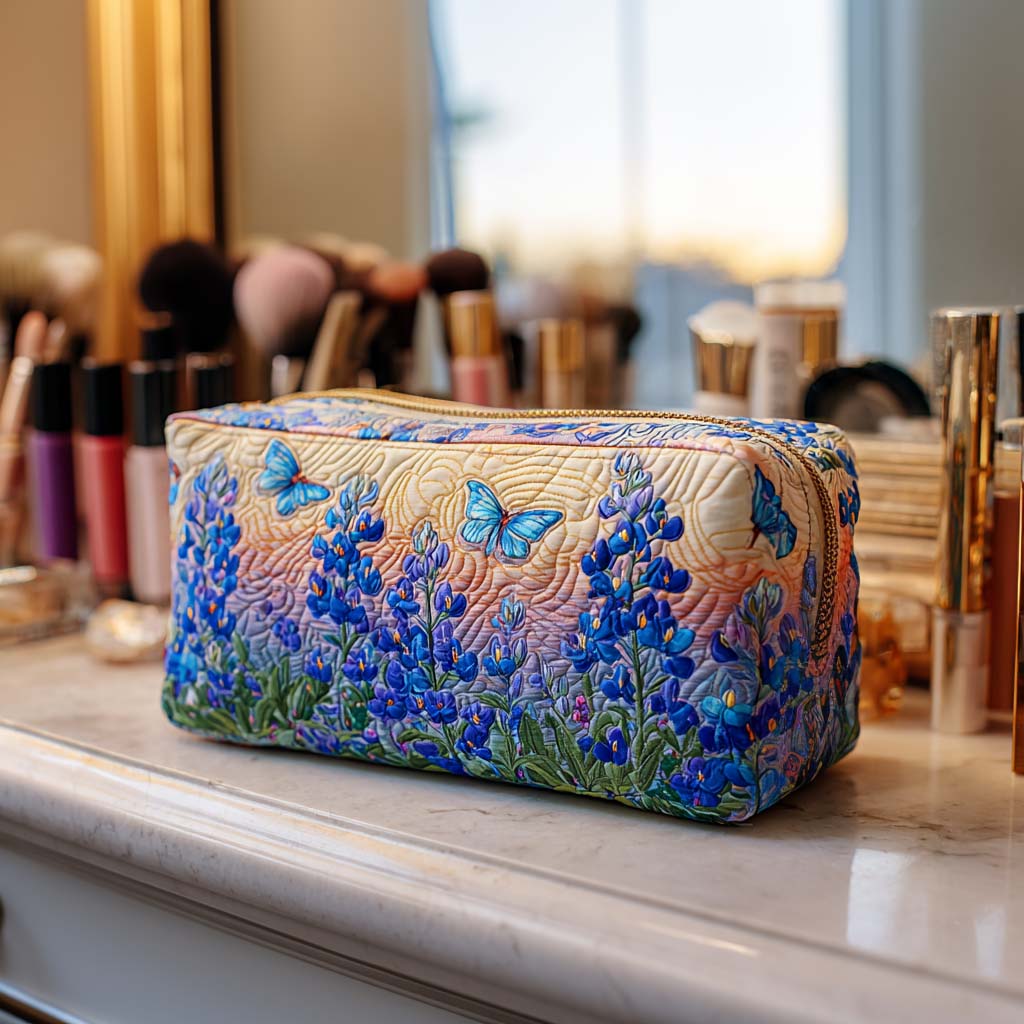 Selena - Quilted Toiletry Bag - Blue Quilt Print