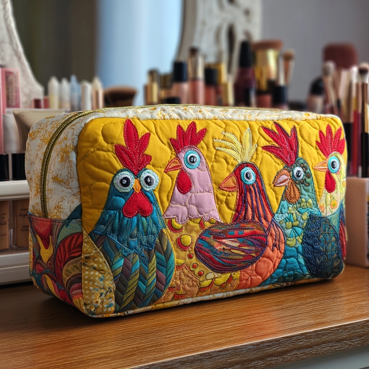 Serenity - Quilted Toiletry Bag - Embroidered Chickens in Grass