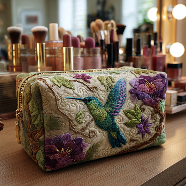 Tanya - Quilted Toiletry Bag - Colorful Hummingbird
