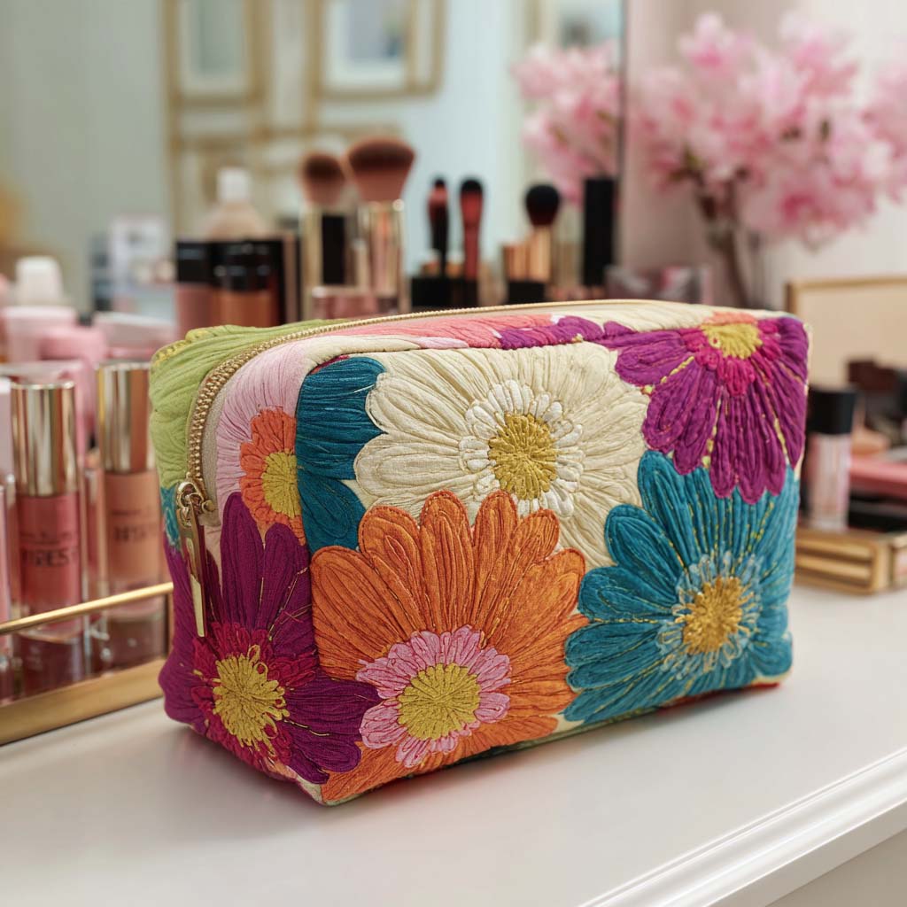 Traci - Quilted Toiletry Bag - Embroidered Daisies