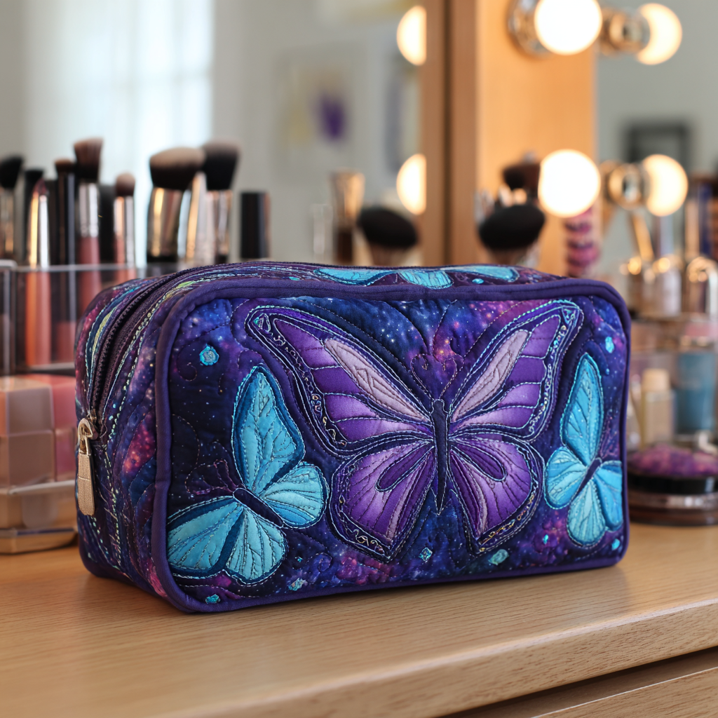 Verity - Quilted Toiletry Bag - Embroidered Butterflies in Grass