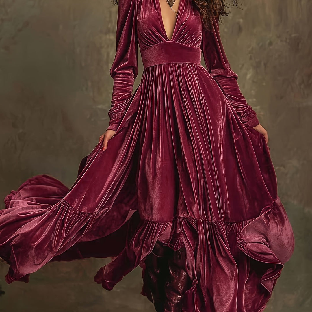 SERAFINA | RETRO OVERSIZED SKIRT LONG DRESS WITH DEEP V-NECK