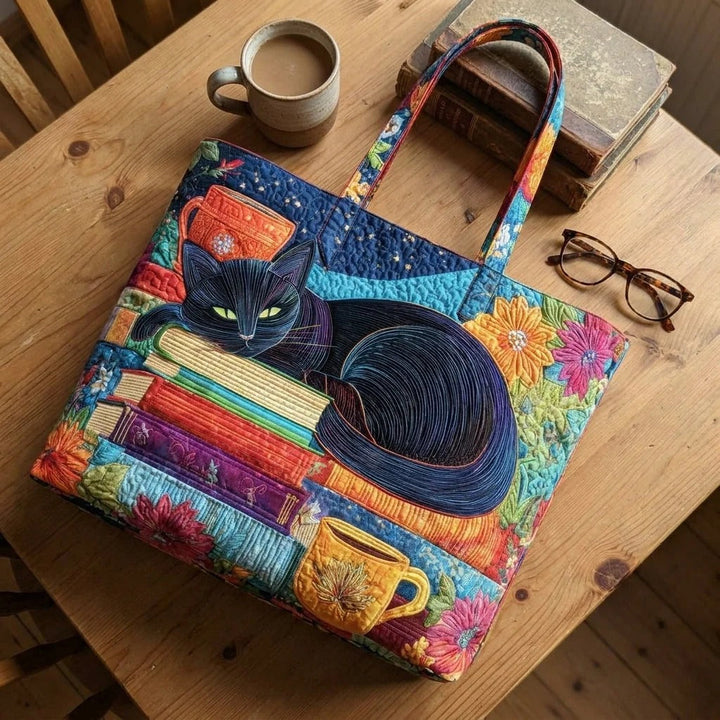 Quilted Tote Bag - Black Cat with Books and Mugs
